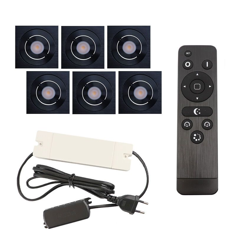6 faretti da incasso orientabili per veranda Rona quadrato, IP44, con set di connessione e telecomando, nero 6 faretti da incasso orientabili per veranda Rona quadrato, IP44, con set di connessione e telecomando, nero