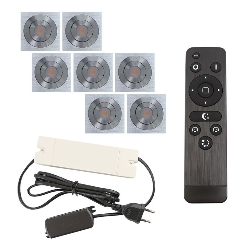 7 faretti da incasso orientabili per veranda Rona quadrato, IP44, con set di connessione e telecomando, cromo