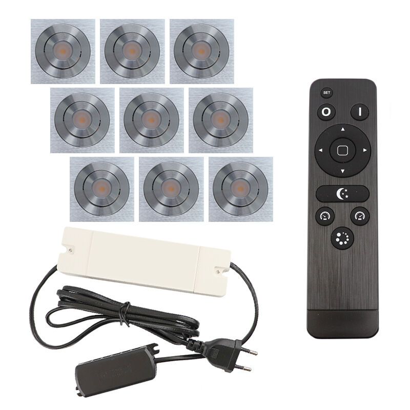 9 faretti da incasso orientabili per veranda Rona quadrato, IP44, con set di connessione e telecomando, cromo