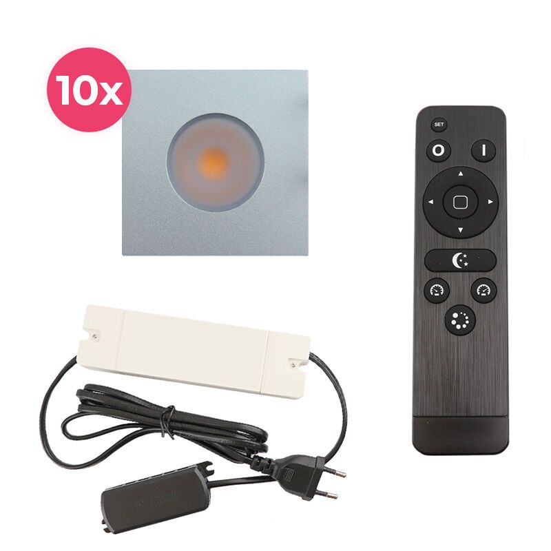10 faretti da incasso cromati quadrati per veranda Dico, IP65, con set di connessione e telecomando
