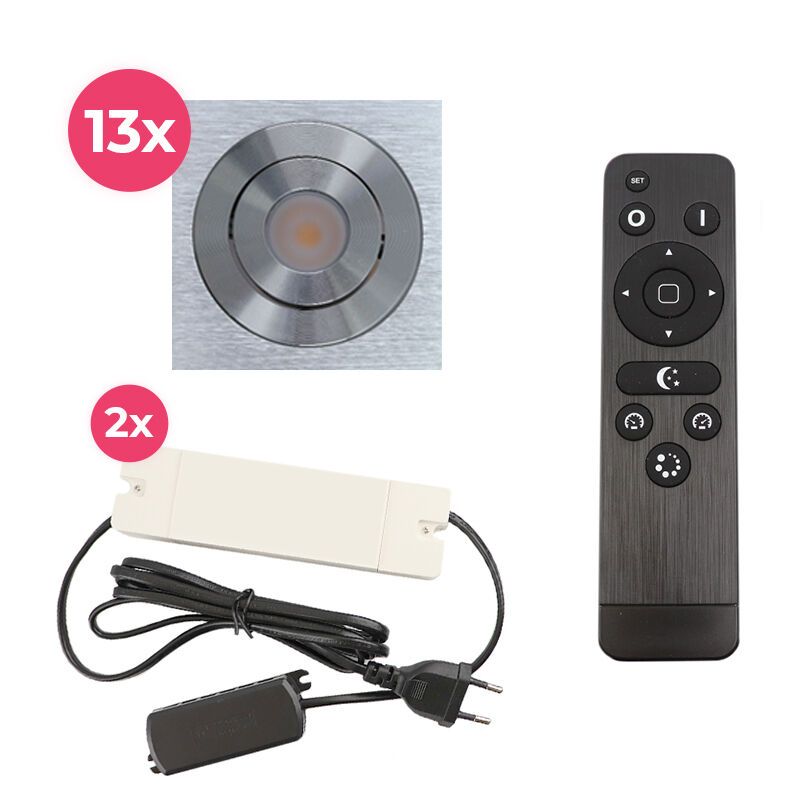 13 faretti da incasso orientabili per veranda Rona quadrato, IP44, con set di connessione e telecomando, cromo