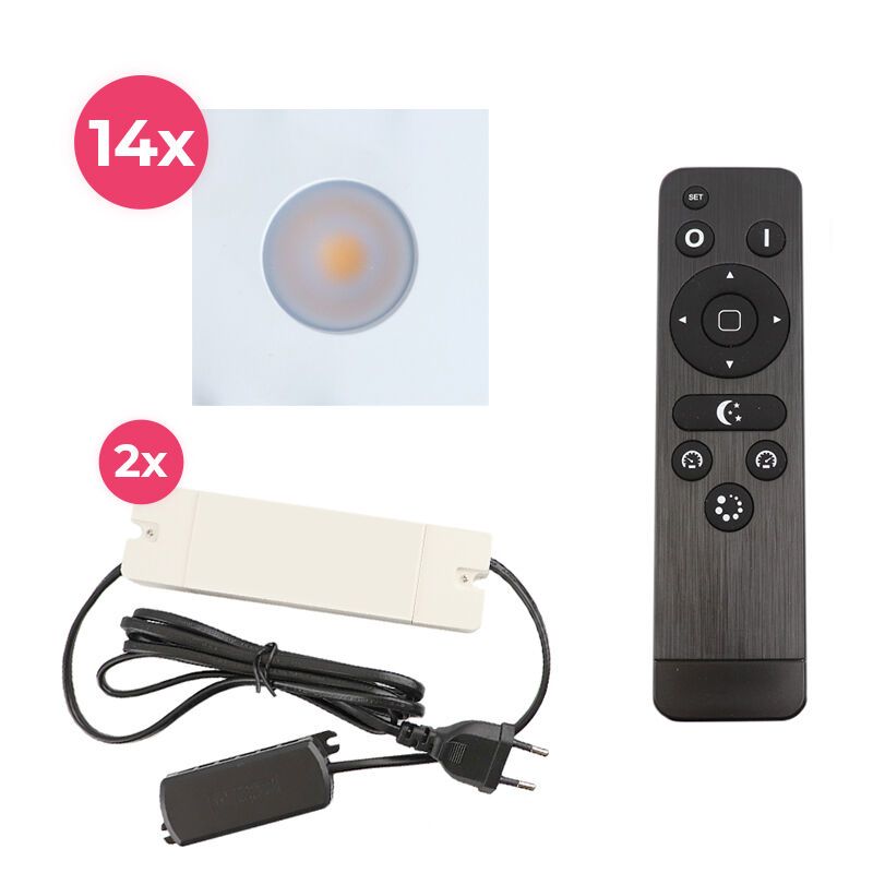 14 faretti da incasso bianchi quadrati per veranda Dico, IP65, con set di connessione e telecomando