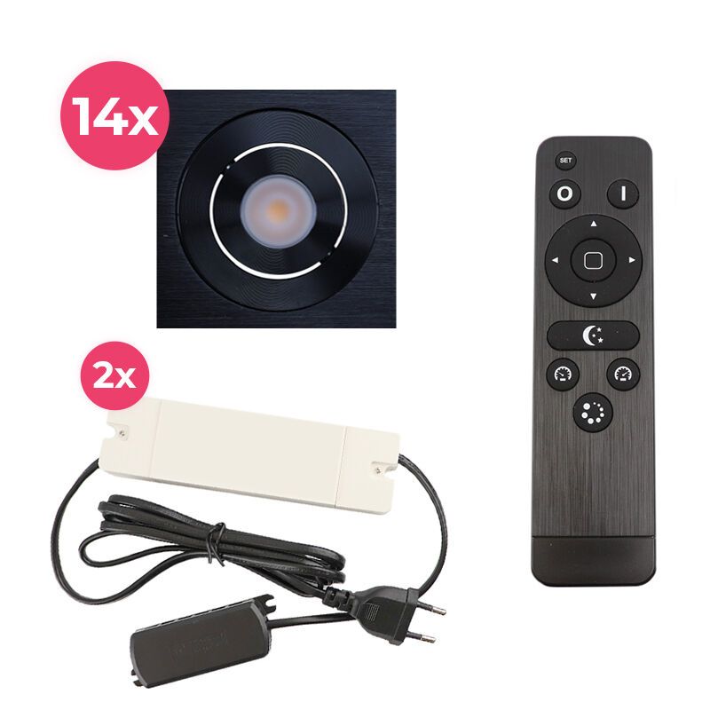 14 faretti da incasso orientabili per veranda Rona quadrato, IP44, con set di connessione e telecomando, nero