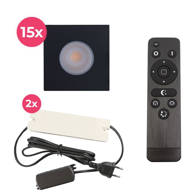 15 faretti da incasso neri quadrati per veranda Dico, IP65, con set di connessione e telecomando