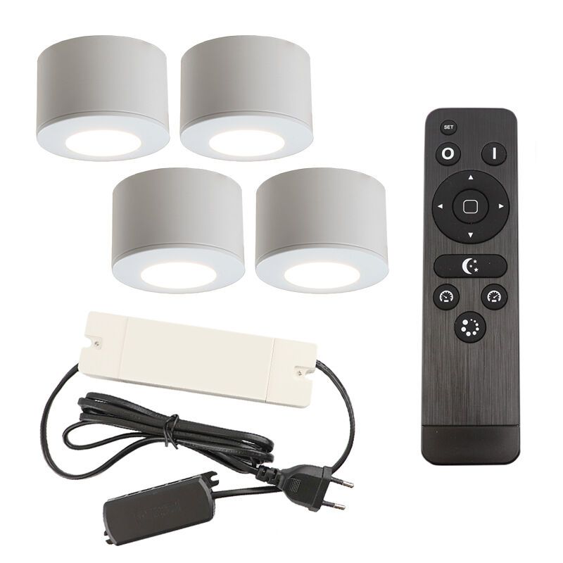 4 faretti da superficie bianchi tondi per veranda Vasso, IP44, con set di connessione e telecomando 4 faretti da superficie bianchi tondi per veranda Vasso, IP44, con set di connessione e telecomando
