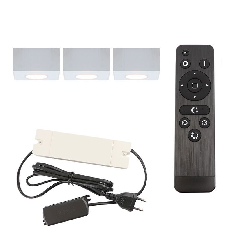 3 faretti da superficie bianchi quadrati per veranda Fredo, IP44, con set di connessione e telecomando