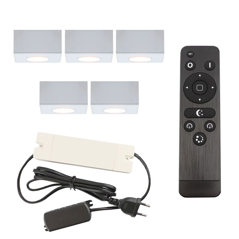 5 faretti da superficie bianchi quadrati per veranda Fredo, IP44, con set di connessione e telecomando 5 faretti da superficie bianchi quadrati per veranda Fredo, IP44, con set di connessione e telecomando