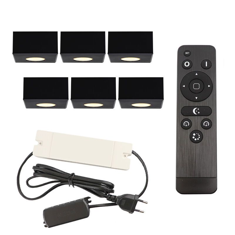 6 faretti da superficie neri quadrati per veranda Fredo, IP44, con set di connessione e telecomando