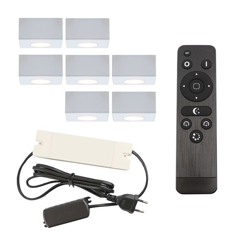 7 faretti da superficie bianchi quadrati per veranda Fredo, IP44, con set di connessione e telecomando