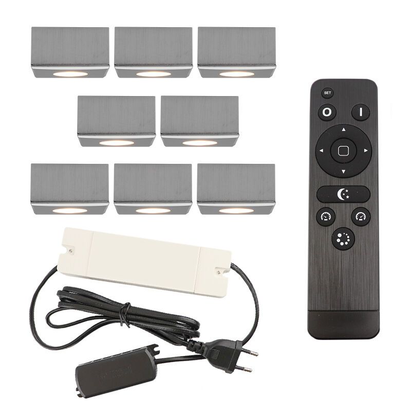 8 faretti da superficie cromati quadrati per veranda Fredo, IP44, con set di connessione e telecomando