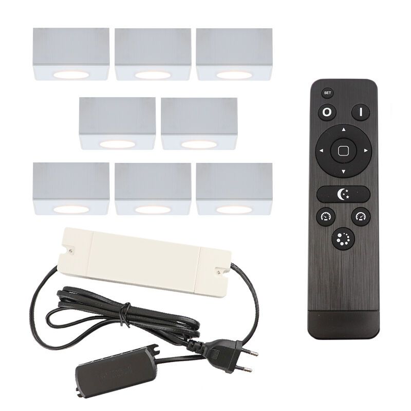 8 faretti da superficie bianchi quadrati per veranda Fredo, IP44, con set di connessione e telecomando