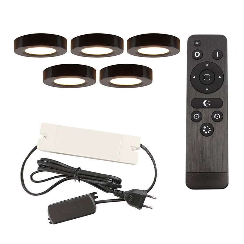 5 lampade rotonde per mobile da cucina, nero, con set di connessione e telecomando 5 lampade rotonde per mobile da cucina, nero, con set di connessione e telecomando
