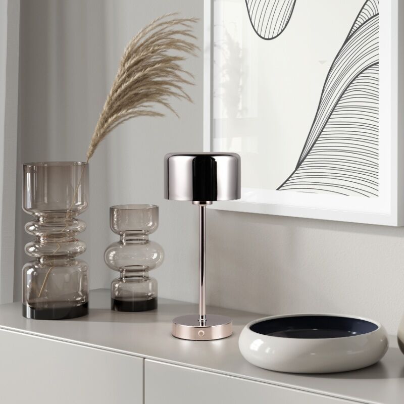 Lampada da tavolo ricaricabile moderna cromata, Dustin, 1W, 3000K LED, controllo touch