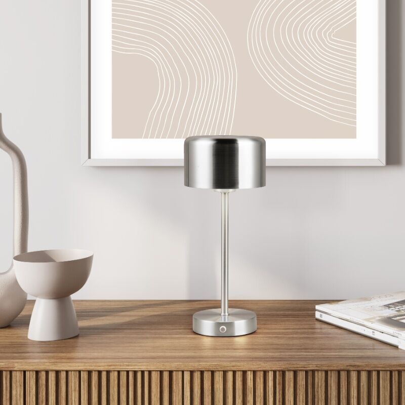 Lampada da tavolo ricaricabile moderna in nichel, Dustin, 1W, 3000K LED, controllo touch Lampada da tavolo ricaricabile moderna in nichel, Dustin, 1W, 3000K LED, controllo touch