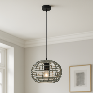 Lampada a sospensione in rattan grigia, Roza
