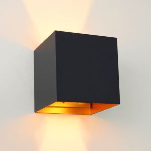 Lampada da parete up down nera con intorno oro, Dion, 6W, 2700K LED, IP65