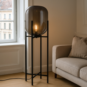 Lampada da terra grigia retrò, Roxy, con interruttore