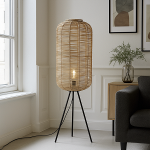 Lampada da terra in rattan marrone, Pinar, con interruttore