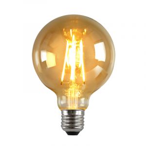 Lampadina LED Olucia E27 dimmerabile, G95, 6W, vetro ambrato, 2200k