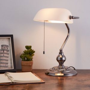 Lampada da banchiere in nichel in acciaio, Lugco, con interruttore a strappo