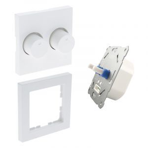 Duo dimmer, interruttore, con cornice di copertura bianca e piastra centrale