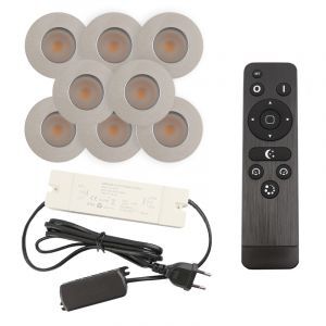 8 faretti da incasso cromati per veranda Dico, IP65, con set di connessione e telecomando