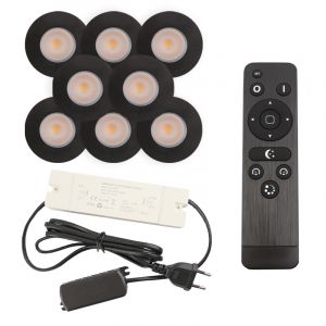 8 faretti da incasso neri per veranda Dico, IP65, con set di connessione e telecomando