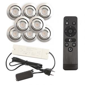 8 faretti da incasso orientabili per veranda Rona, IP44, con set di connessione e telecomando, cromo