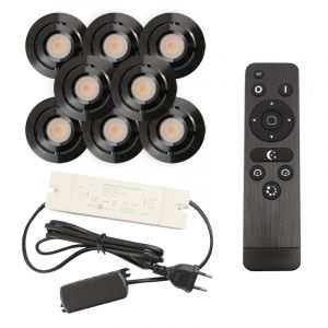 8 faretti da incasso orientabili per veranda Rona, IP44, con set di connessione e telecomando, nero