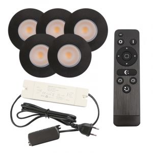 5 faretti da incasso neri per veranda Dico, IP65, con set di connessione e telecomando