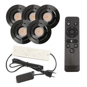 5 faretti da incasso orientabili per veranda Rona, IP44, con set di connessione e telecomando, nero