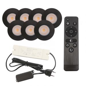 7 faretti da incasso neri per veranda Dico, IP65, con set di connessione e telecomando