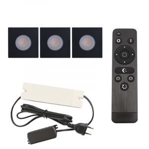 3 faretti da incasso neri quadrati per veranda Dico, IP65, con set di connessione e telecomando