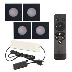 4 faretti da incasso neri quadrati per veranda Dico, IP65, con set di connessione e telecomando