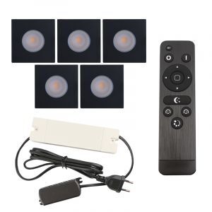 5 faretti da incasso neri quadrati per veranda Dico, IP65, con set di connessione e telecomando
