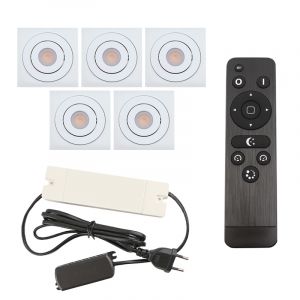 5 faretti da incasso orientabili per veranda Rona quadrato, IP44, con set di connessione e telecomando, bianco