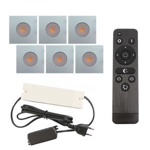6 faretti da incasso cromati quadrati per veranda Dico, IP65, con set di connessione e telecomando