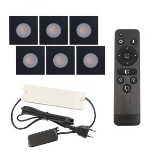 6 faretti da incasso neri quadrati per veranda Dico, IP65, con set di connessione e telecomando