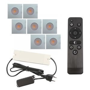 7 faretti da incasso cromati quadrati per veranda Dico, IP65, con set di connessione e telecomando