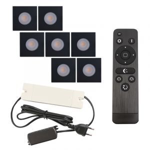 7 faretti da incasso neri quadrati per veranda Dico, IP65, con set di connessione e telecomando
