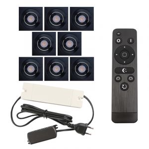 8 faretti da incasso orientabili per veranda Rona quadrato, IP44, con set di connessione e telecomando, nero