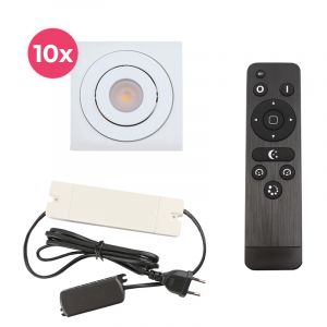 10 faretti da incasso orientabili per veranda Rona quadrato, IP44, con set di connessione e telecomando, bianco