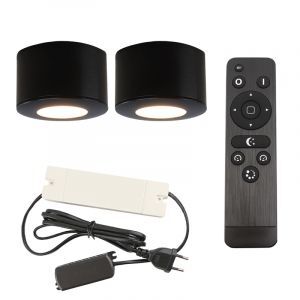 2 faretti da superficie neri tondi per veranda Vasso, IP44, con set di connessione e telecomando