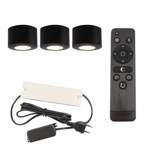 3 faretti da superficie neri tondi per veranda Vasso, IP44, con set di connessione e telecomando