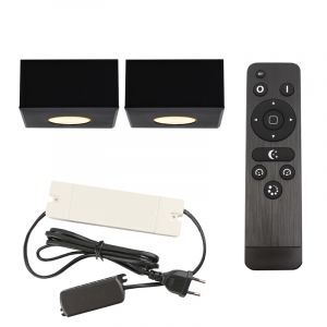 2 faretti da superficie neri quadrati per veranda Fredo, IP44, con set di connessione e telecomando