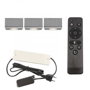 3 faretti da superficie cromati quadrati per veranda Fredo, IP44, con set di connessione e telecomando