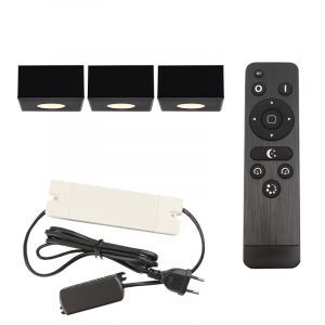 3 faretti da superficie neri quadrati per veranda Fredo, IP44, con set di connessione e telecomando