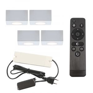 4 faretti da superficie bianchi quadrati per veranda Fredo, IP44, con set di connessione e telecomando