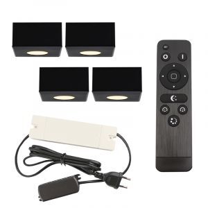 4 faretti da superficie neri quadrati per veranda Fredo, IP44, con set di connessione e telecomando