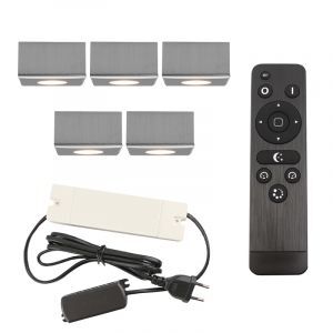 5 faretti da superficie cromati quadrati per veranda Fredo, IP44, con set di connessione e telecomando